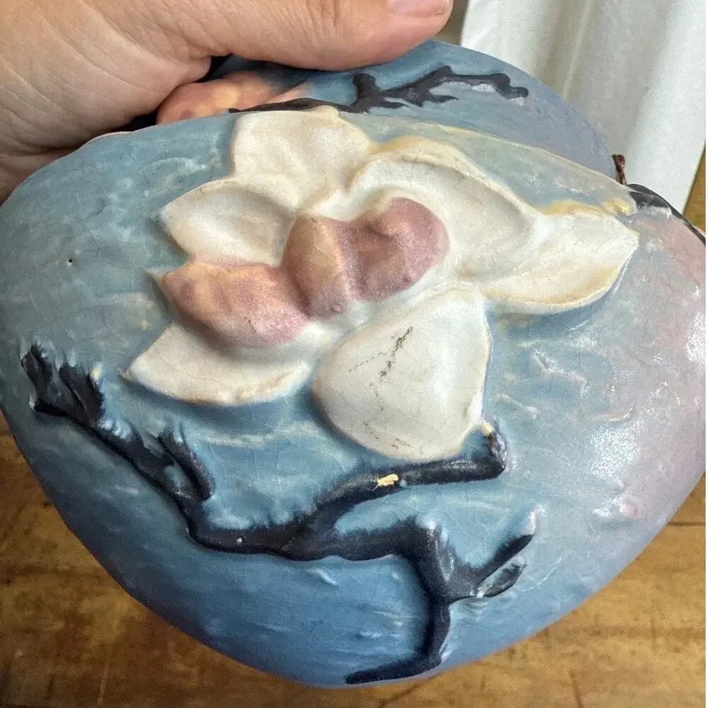 Roseville Pottery Vintage Blue Magnolia Hanging Basket Planter Floral Handles